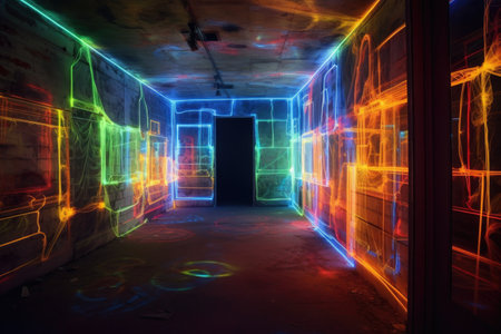 neon light installation glowing in a dark room, created with generative aiの素材