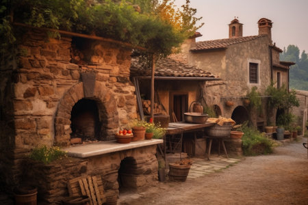 vintage pizza oven in an old italian village setting, created with generative aiの素材