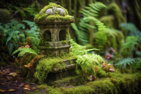 stone lantern among vibrant moss and ferns, created with generative aiの素材