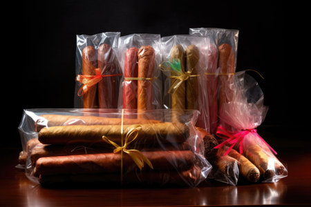 cigars bundled and wrapped in cellophane for storage, created with generative aiの素材