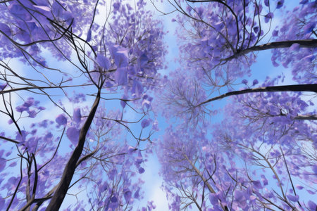 abstract pattern of jacaranda flowers against a blue sky, created with generative aiの素材