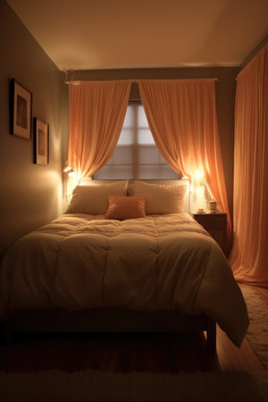 warm, inviting bedroom with soft lighting and linens, created with generative aiの素材