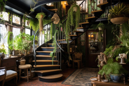 spiral staircase with lush greenery and hanging plants, created with generative aiの素材