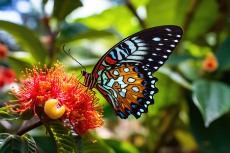 close-up of a vibrant butterfly on a tropical flower, created with generative aiの素材