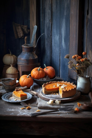 homemade pumpkin pie on rustic wooden table, created with generative aiの素材