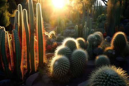 sunrays filtering through cactus spines, created with generative aiの素材