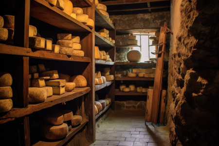 artisanal cheese aging in wooden shelves at a cellar, created with generative aiの素材
