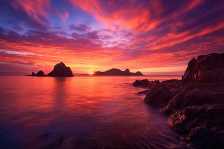vibrant sunset behind a smoking volcanic island, created with generative aiの素材