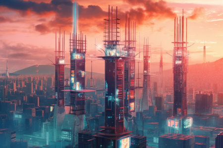 multiple 5g towers in a futuristic city rendering, created with generative aiの素材