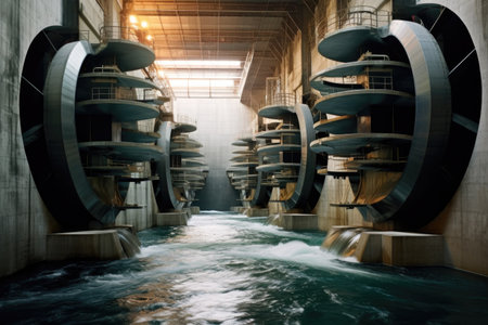 close-up of water turbines in action at a hydroelectric plant, created with generative aiの素材