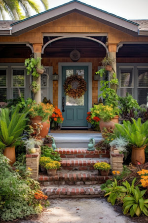 welcoming front porch with potted plants and door wreath, created with generative aiの素材