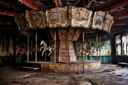 dilapidated carousel with chipped paint and cobwebs, created with generative aiの素材