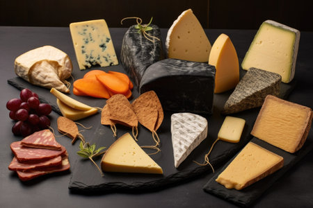 cheeses in different shapes with chalkboard labels, created with generative aiの素材
