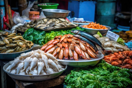 close-up of seafood variety on sellers stall, created with generative aiの素材