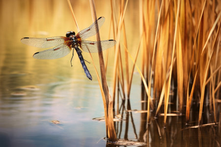 a dragonfly perched on a reed near a pond, created with generative aiの素材