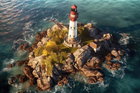 aerial view of a historic lighthouse on a rocky coastline, created with generative aiの素材