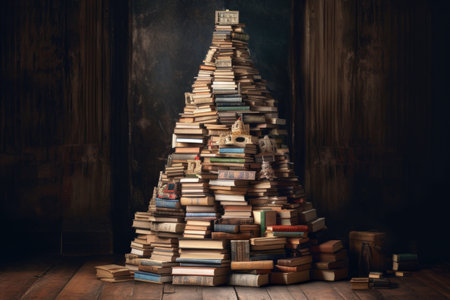 stacked books forming a towering structure, created with generative aiの素材