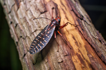 lanternfly resting on the bark of a tree, created with generative aiの素材