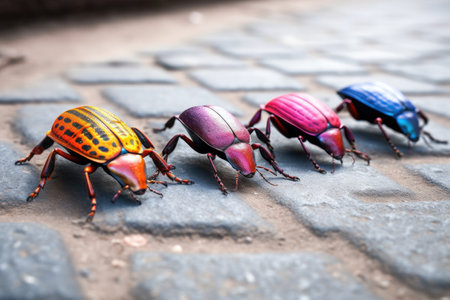 colorful beetles on various textured surfaces, showcasing diversity, created with generative aiの素材