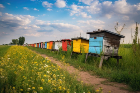 beehives lined up in a colorful apiary field, created with generative aiの素材