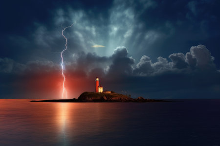 distant lighthouse with lightning strike over the sea, created with generative aiの素材