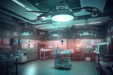 ai-controlled drone hovering in laboratory, created with generative aiの素材