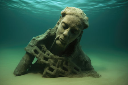 eerie underwater statue half-buried in sand, created with generative aiの素材