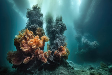 thermal vent emitting plumes of black smoke underwater, created with generative aiの素材