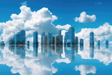 glass skyscrapers reflecting clouds and blue sky, created with generative aiの素材