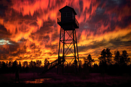 watchtower silhouetted against a dramatic sunset, created with generative aiの素材