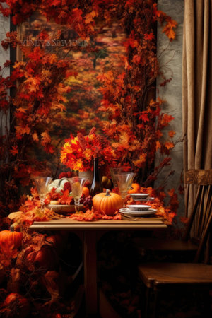 thanksgiving dinner table with autumn leaves, created with generative aiの素材