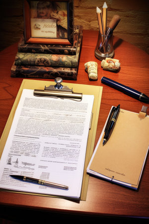 a desk with job applications, resume, and pen, created with generative aiの素材