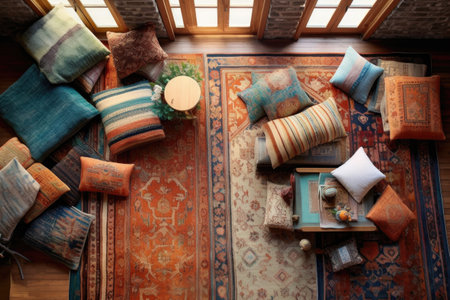 overhead shot of various rugs in a cozy room, created with generative aiの素材