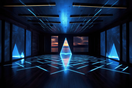 glowing led light installation in dark room, created with generative aiの素材
