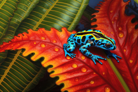 blue poison dart frog on a colorful leaf, created with generative aiの素材