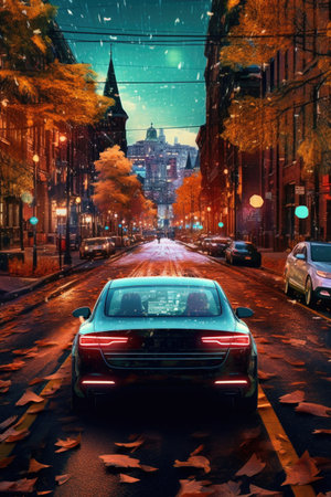 self-driving car navigating through streets, created with generative aiの素材