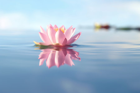 close-up of a single floating lotus in a calm pond, created with generative aiの素材