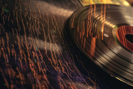 close-up of vinyl record grooves and label, created with generative aiの素材