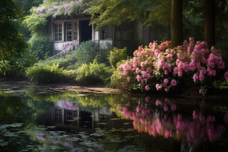 azalea bush in full bloom near a garden pond, created with generative aiの素材