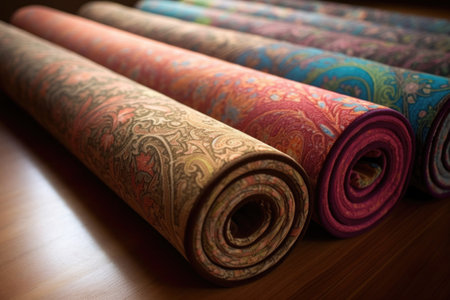 rolled-up carpets showcasing their detailed patterns, created with generative aiの素材