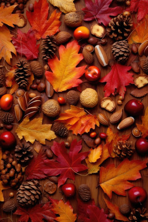 colorful autumn leaves and acorns creating a thanksgiving background, created with generative aiの素材