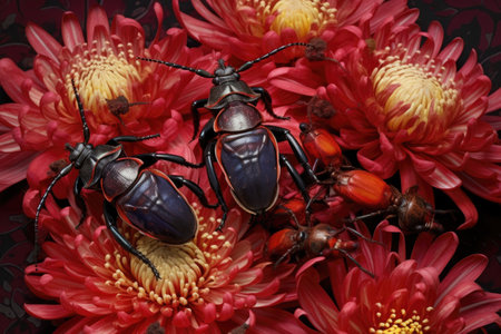 beetles on color-matching flowers, creating a harmonious scene, created with generative aiの素材