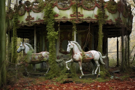 overgrown carousel horses in the wilderness, created with generative aiの素材