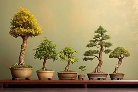growth progression of a bonsai tree from seedling to maturity, created with generative aiの素材