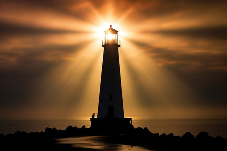 lighthouse silhouette with beams of light piercing fog, created with generative aiの素材