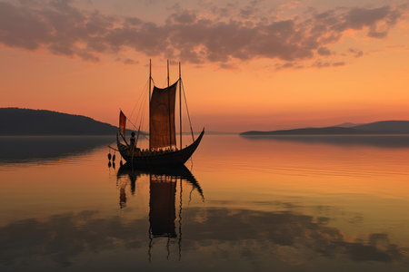 viking ship replica sailing in calm waters at sunset, created with generative aiの素材