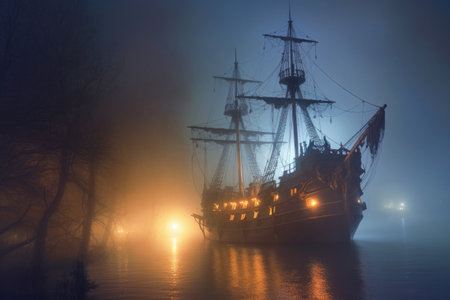 ghostly pirate ship sailing through a dense fog at night, created with generative aiの素材