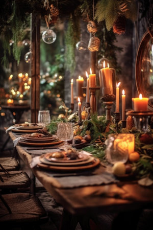a festive table setting with candles and garlands, created with generative aiの素材