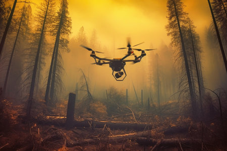 drone monitoring a wildfire in a forest, created with generative aiの素材