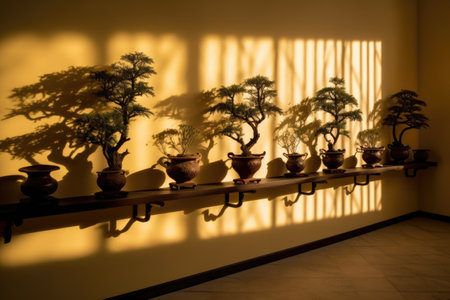 sunlight casting shadows on a row of bonsai trees, created with generative aiの素材